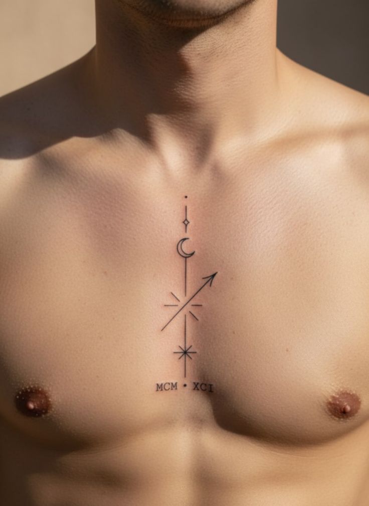 Fine-line arrow, moon and star tattoo with the Roman numerals MCM XCI on the center of the chest