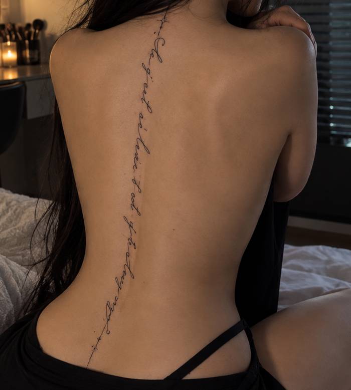 Thin cursive text line tattooed along the spine with small stars
