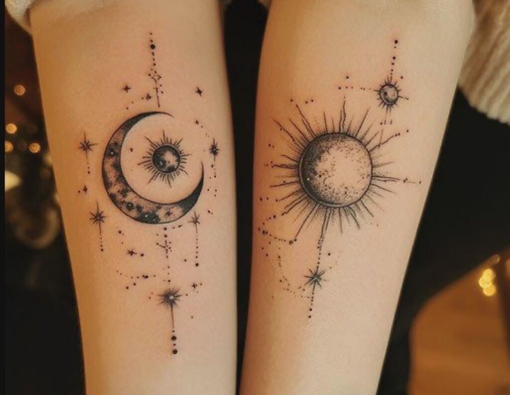 Detailed dotwork moon and sun tattoos with stars and constellation lines on two forearms