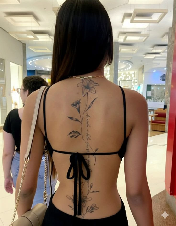Floral spine tattoo with lilies, leaves and cursive writing running down a woman’s back
