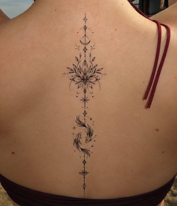 Ornamental spine tattoo with a lotus, crescent moon, stars and two koi fish