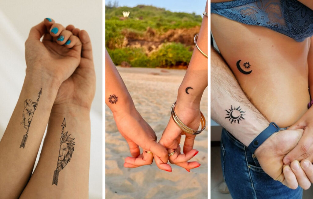 Three matching couple tattoo ideas: lion and lioness arrows, sun and moon wrists, bold sun and moon