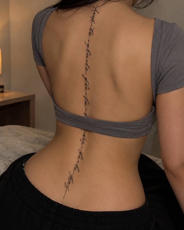 Fine-line script tattoo running down the middle of the back