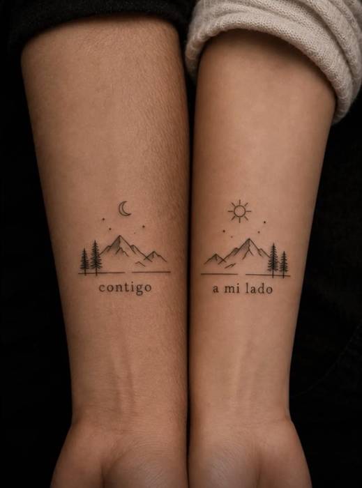 Matching mountain tattoos with a moon and a sun and the words contigo and a mi lado on two forearms
