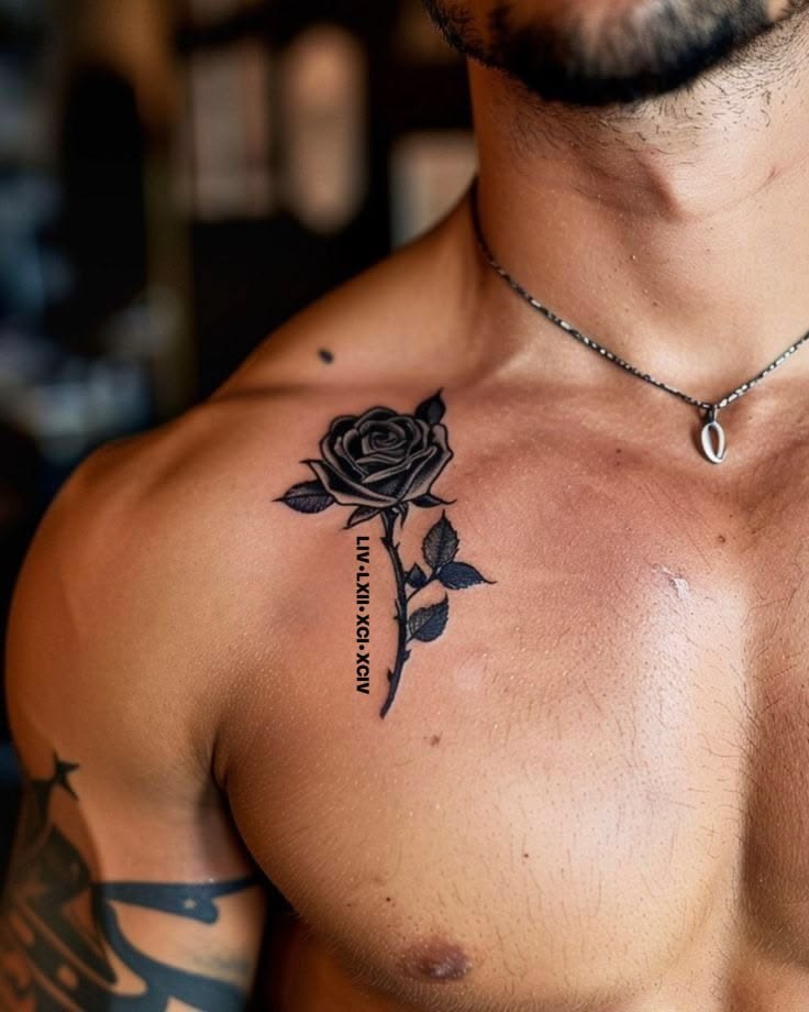 Olive branch tattoo running along the collarbone and up the side of the neck