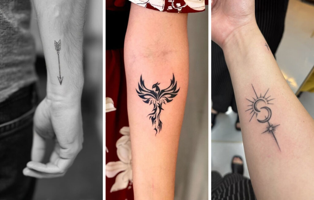 Three small forearm tattoo ideas: arrow, phoenix and sun, moon and star
