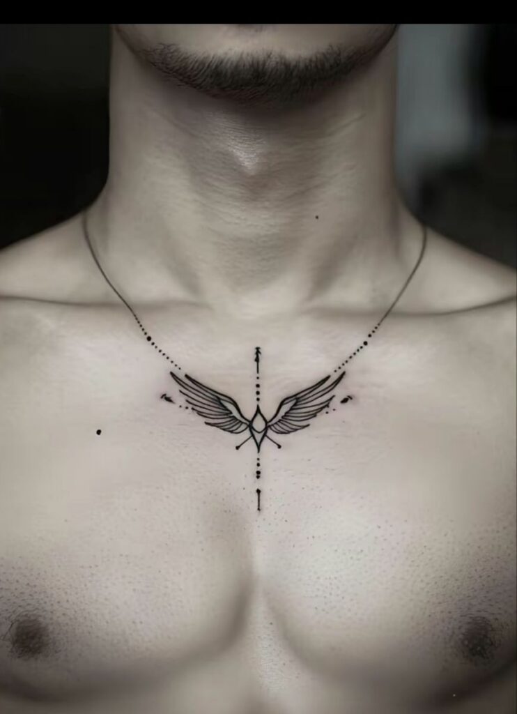 Minimal wings and arrow chest tattoo with dotted lines that follow a necklace line