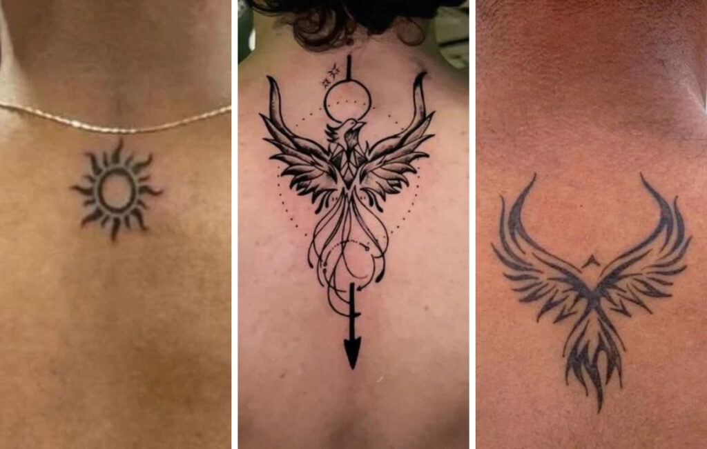 Back of Neck Tattoo Ideas for Men: 7 Bold Designs Three back of neck tattoo ideas for men: sun, phoenix with arrow, tribal phoenix