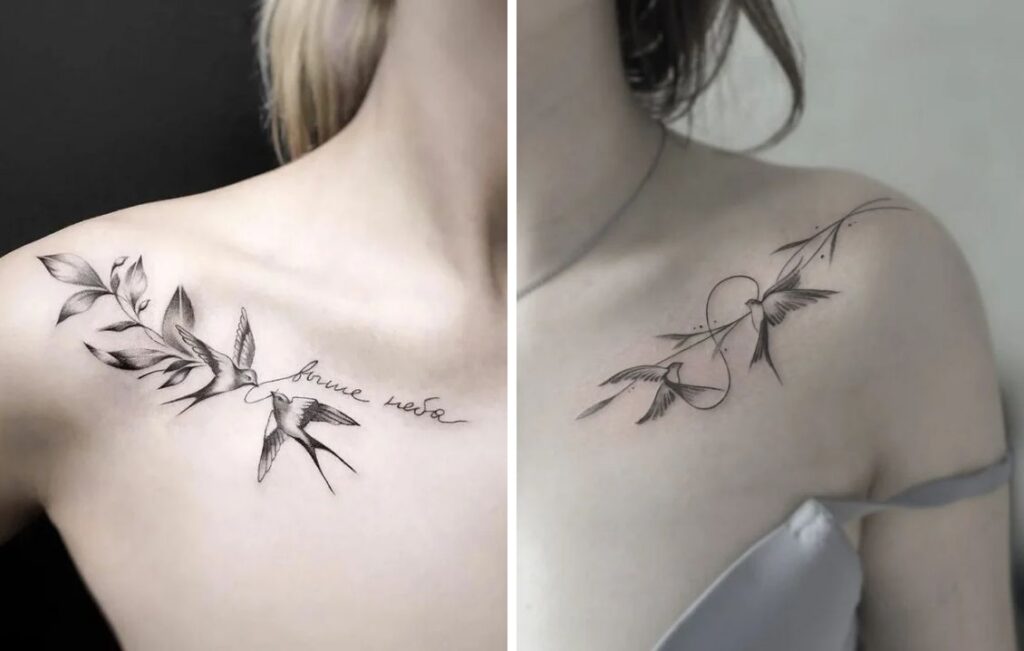 Bird Collarbone Tattoo Ideas for Women: 5 Graceful Designs Two swallow collarbone tattoos for women, one with a leafy branch and script, one with an infinity loop