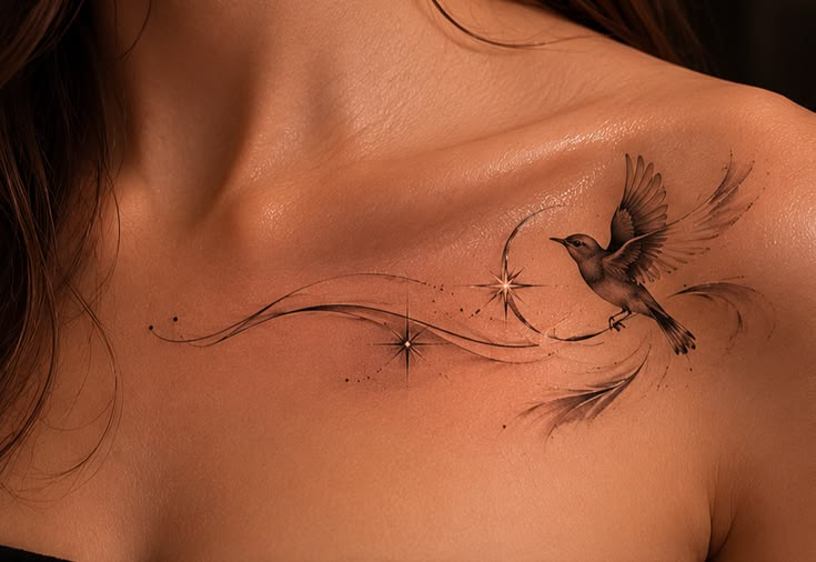 Realistic bird tattoo with sparkling stars and flowing lines on the collarbone