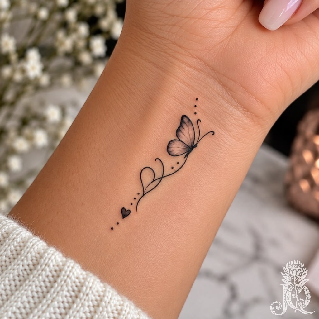 Small butterfly tattoo with a heart and a looping line with dots on the inner wrist