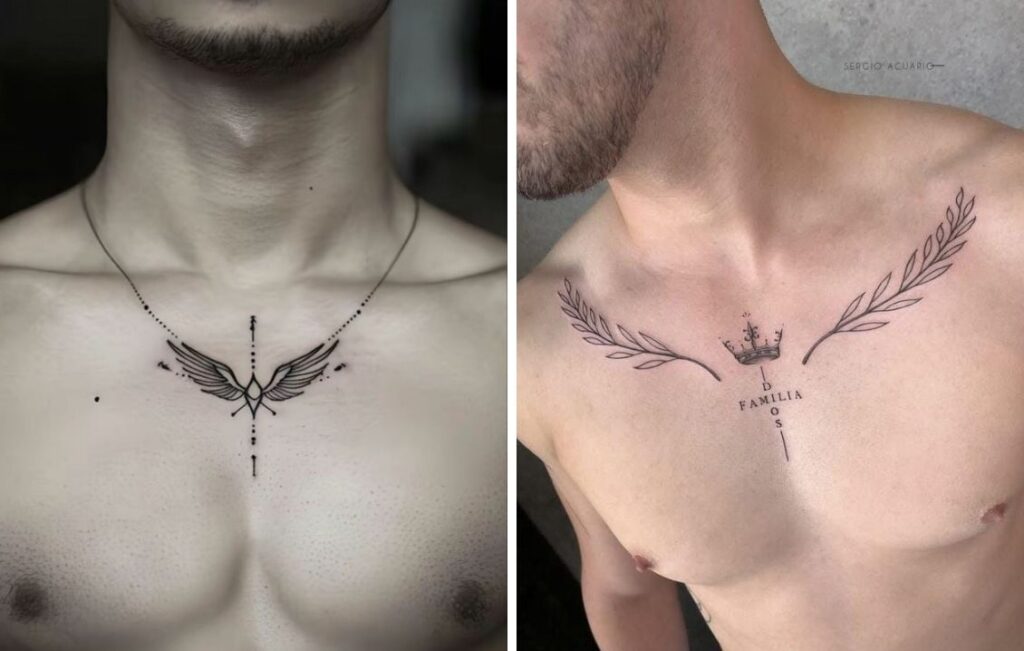 Collarbone Tattoo Ideas for Men: 8 Bold and Meaningful Designs Two collarbone tattoo ideas for men: minimal wings and arrow, and olive branches with a crown
