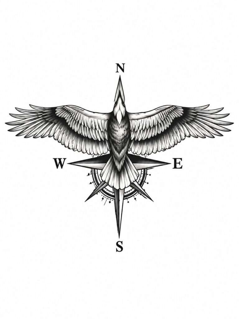 Black and white line drawing of an eagle and compass tattoo design on a white background
