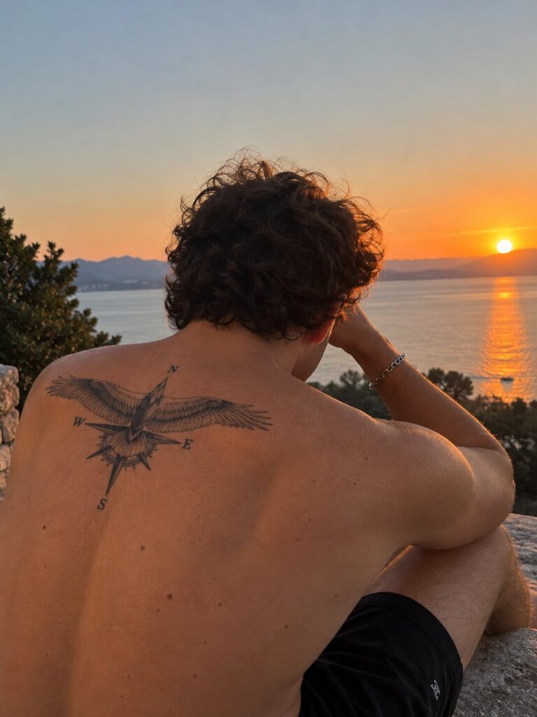 Back view of a man with a realistic eagle compass tattoo on his shoulder blades at sunset