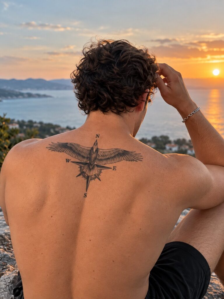 Eagle and compass tattoo on the upper back of a man watching the sunset over the sea