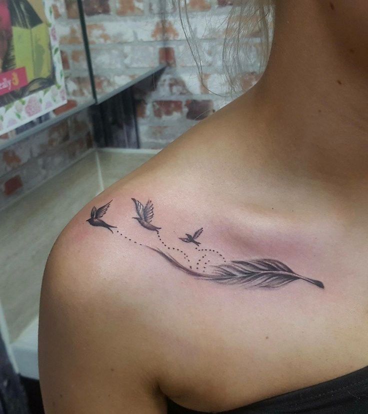 Three small birds flying from a feather tattoo with dotted lines on the shoulder