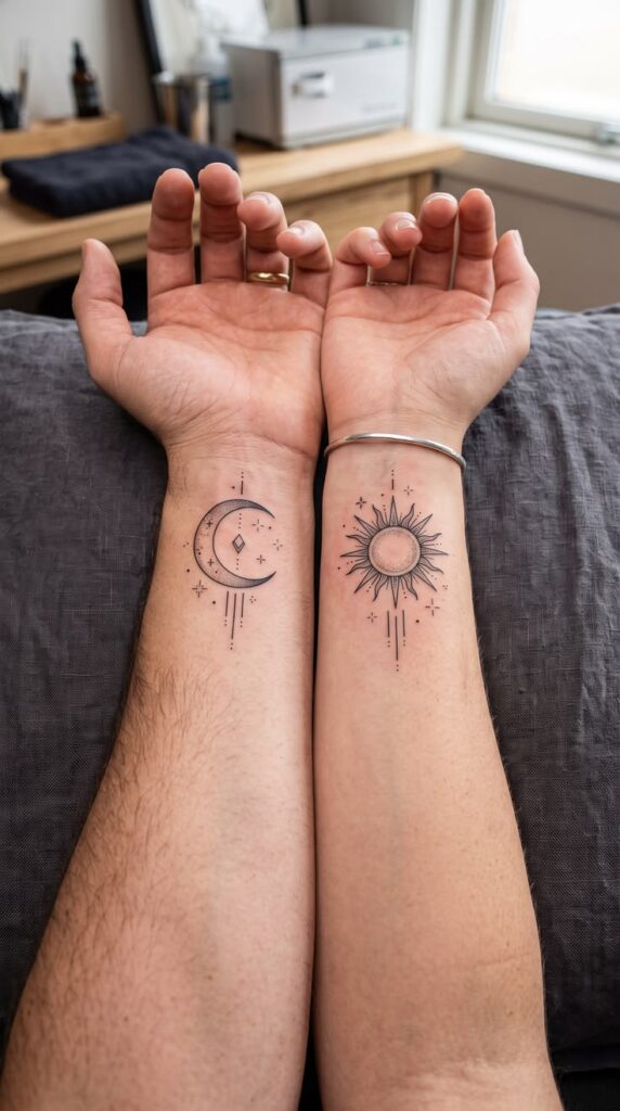 Fine-line matching moon and sun forearm tattoos with small stars and dotted details on two arms