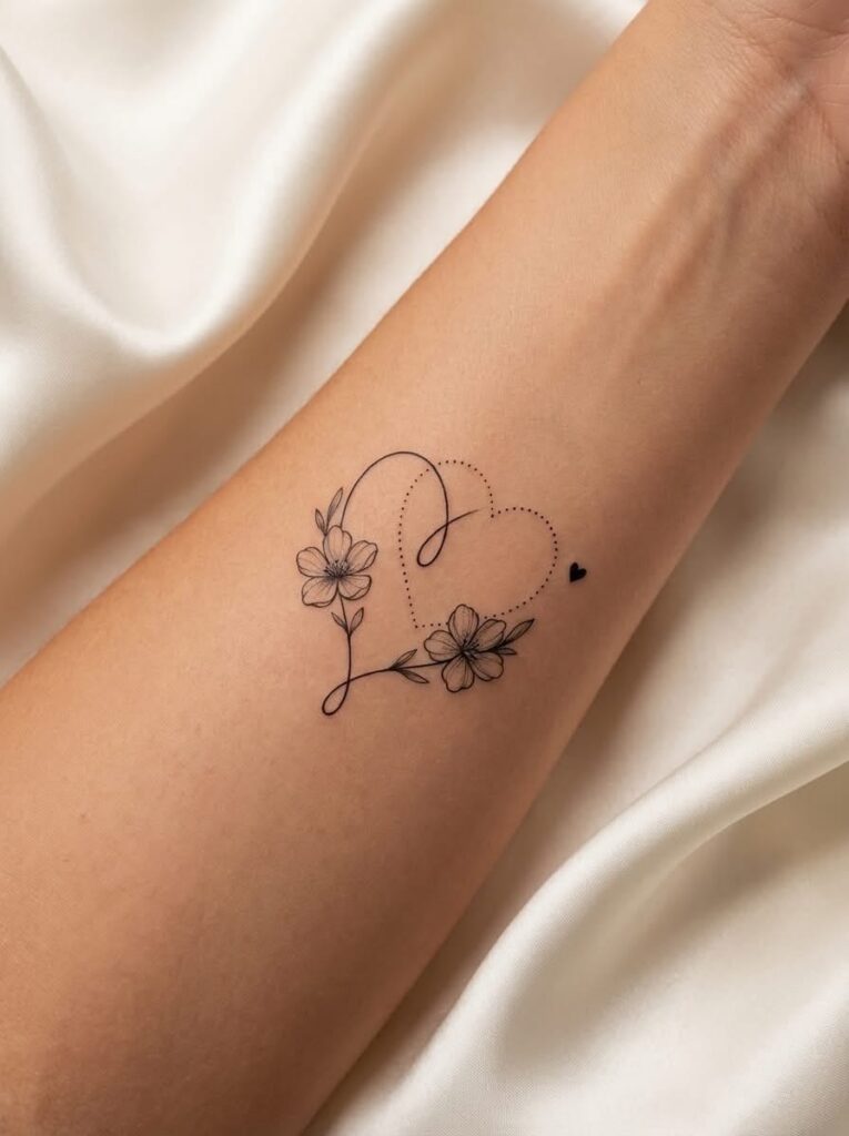 Fine-line floral heart tattoo with two flowers and a dotted heart outline on the forearm