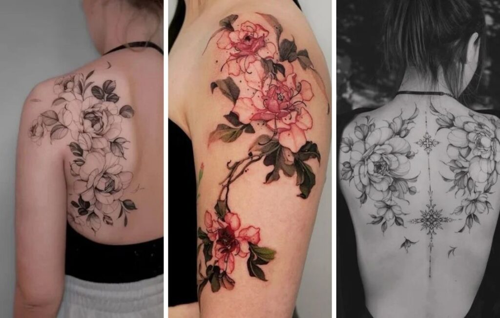 Floral Tattoo Ideas for Women: 8 Designs for Back, Shoulder, Arm and Thigh Three floral tattoo ideas for women: black and grey peonies on the shoulder blade, pink flowers on the upper arm, and a peony back piece