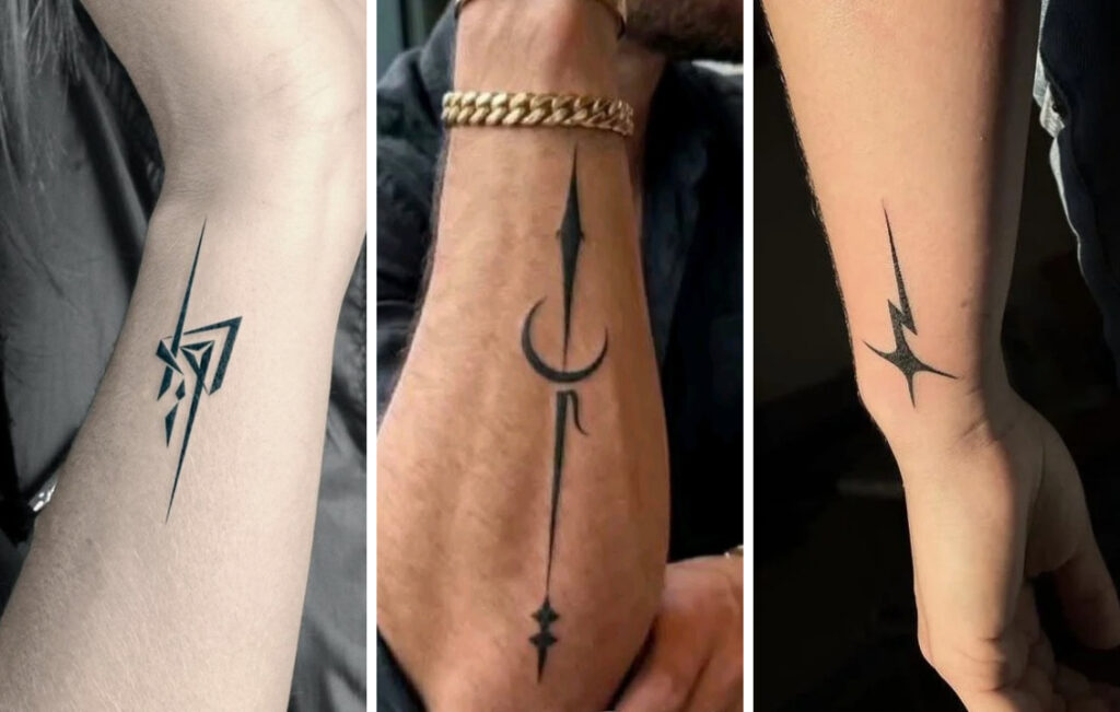 Forearm Tattoo Ideas for Men: 7 Modern Designs with Meaning Three forearm tattoo ideas for men: geometric lightning, dagger and crescent moon, tribal lightning bolt
