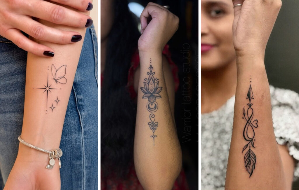 Forearm Tattoo Ideas for Women: 6 Elegant Designs Three forearm tattoo ideas for women: butterfly and stars, lotus and unalome, arrow and feather