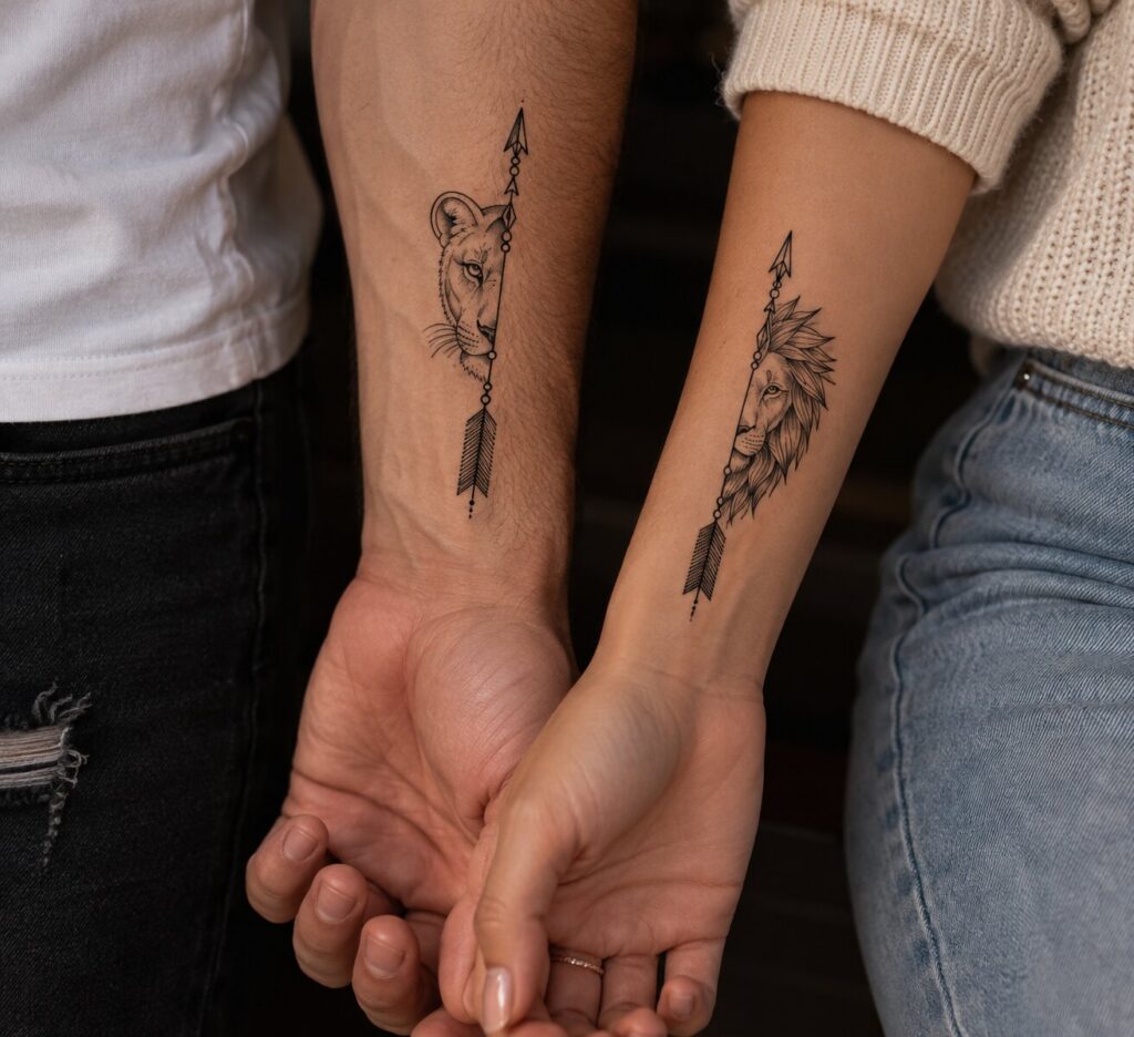 Lion and lioness couple tattoos split by an arrow on a couple’s forearms