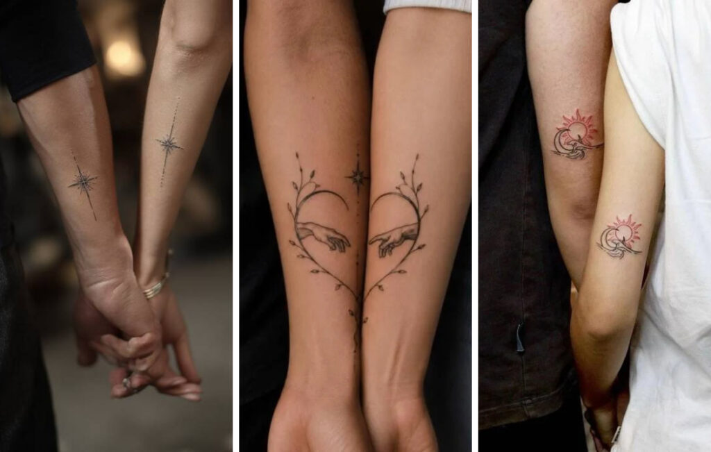 Matching Couple Tattoo Ideas: 8 Meaningful Designs Three matching couple tattoo ideas: stars, half heart with hands, sun and waves