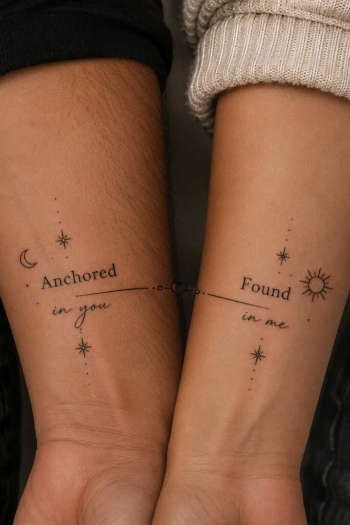 Matching forearm tattoos reading Anchored in you and Found in me, joined by a line and a tiny heart