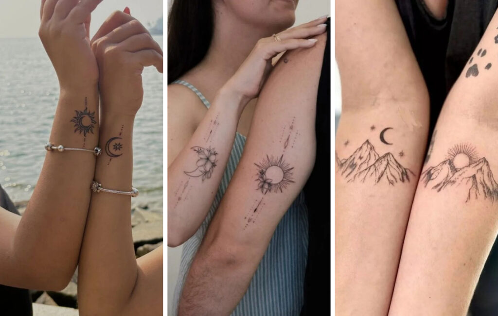 Matching Tattoo Ideas for Couples: 9 Paired Designs Three matching couple tattoo ideas: sun and moon wrists, floral moon and sun forearms, mountain peaks with moon and sunrise