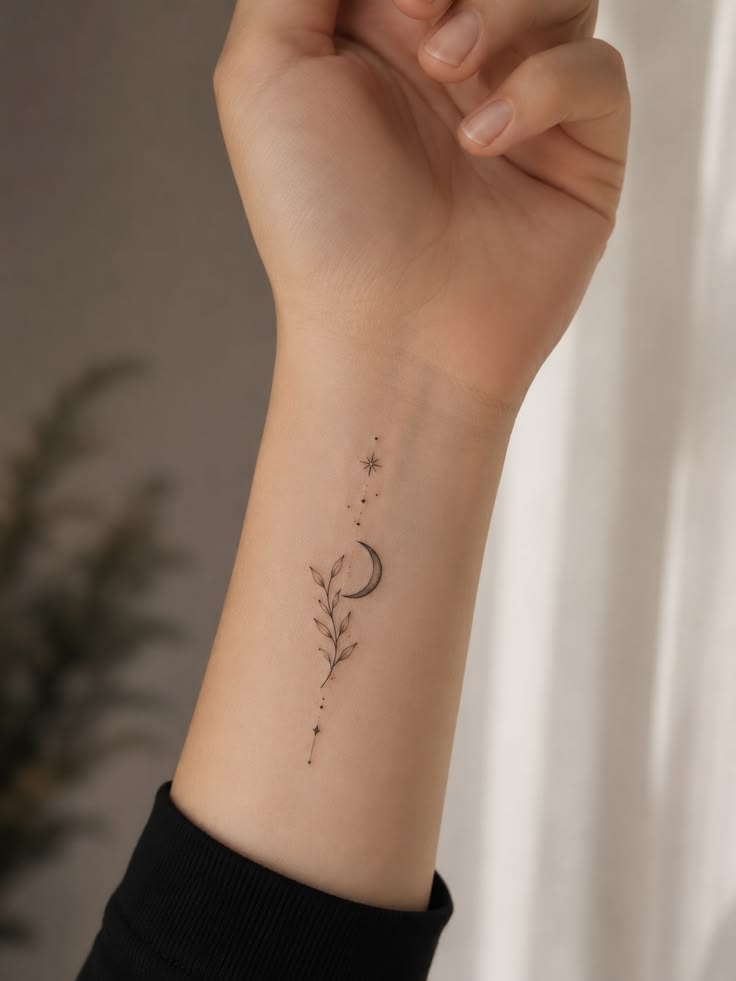 Fine-line crescent moon, leafy branch and small star tattoo on the inner wrist