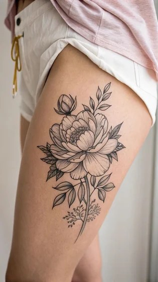 Black and grey peony and leaf tattoo on a woman’s shoulder and collarbone