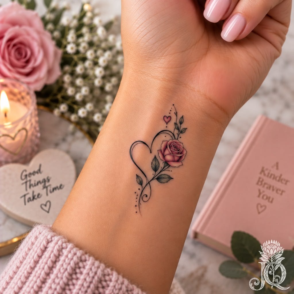Small wrist tattoo of a heart outline with a pink rose and leaves