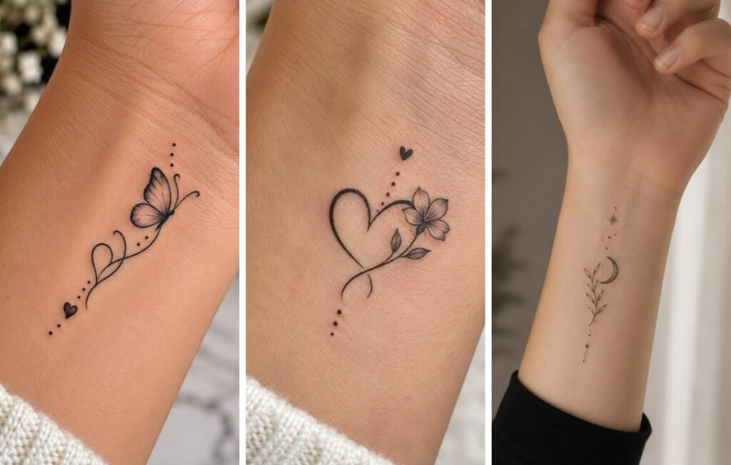 Small Wrist Tattoo Ideas for Women: 6 Delicate Designs Three small wrist tattoo ideas for women: butterfly and heart, flower and heart, moon and leaf