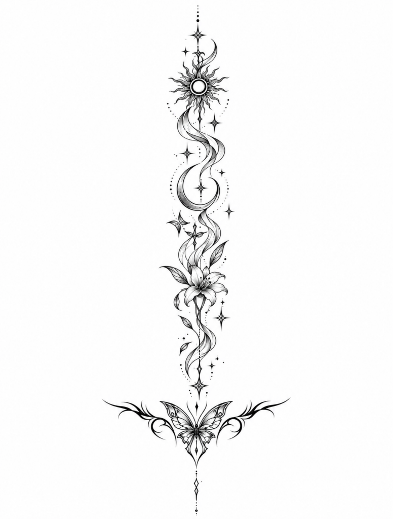 Black and white line drawing of a sun, moon, lily and butterfly spine tattoo design on white background