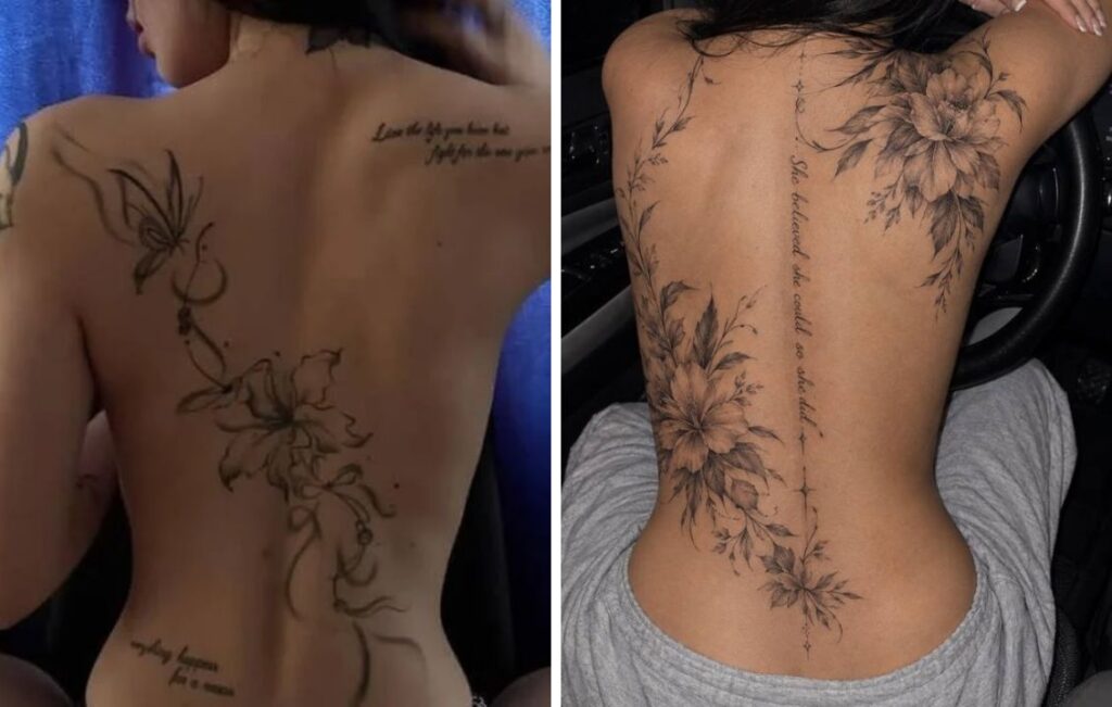 Spine Tattoo Ideas for Women: 6 Elegant Designs Two floral back tattoo ideas for women: butterfly and flower, and flowers with a script spine line