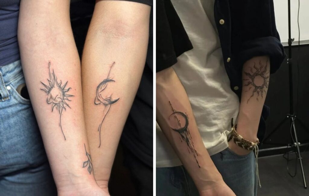 Sun and Moon Couple Tattoo Ideas: 9 Matching Designs Two sun and moon couple tattoo ideas: sketch style and ink wash on the forearms