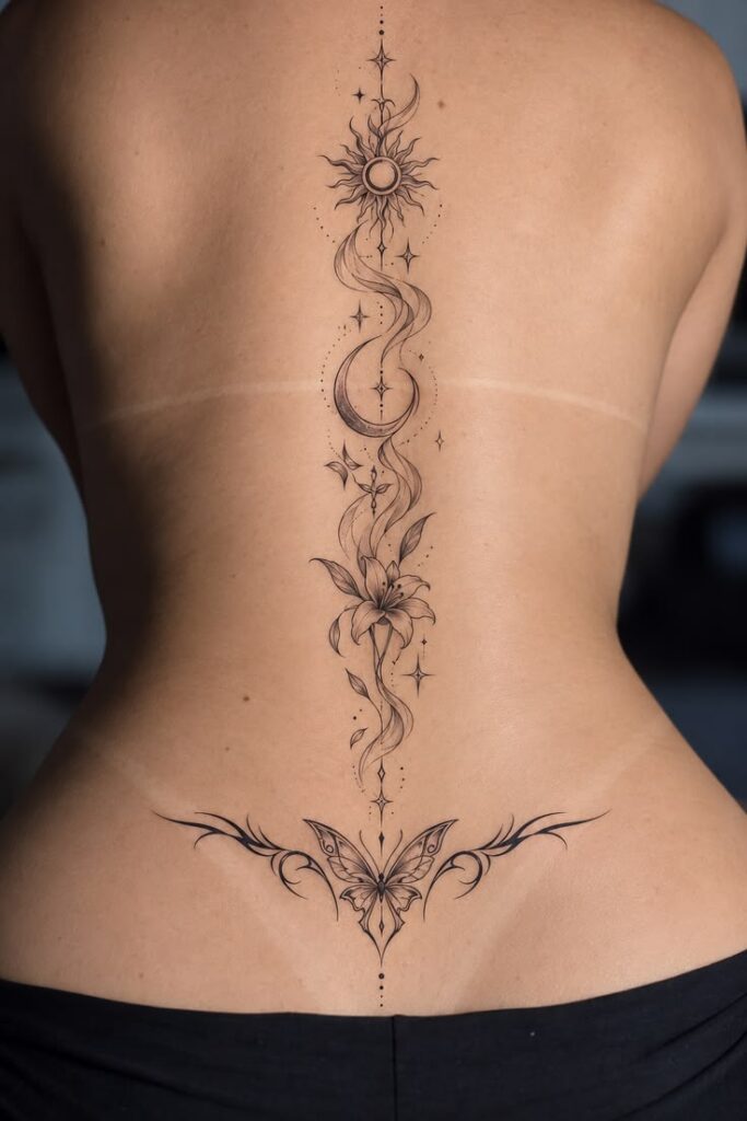Sun, moon, lily and butterfly spine tattoo on a slim back