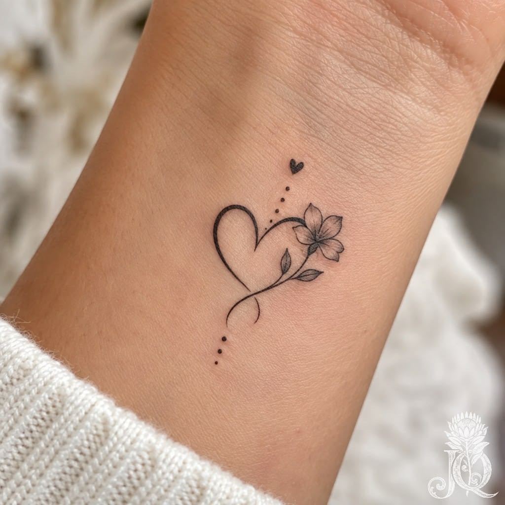Tiny heart tattoo with a flower and small dots on the inner wrist