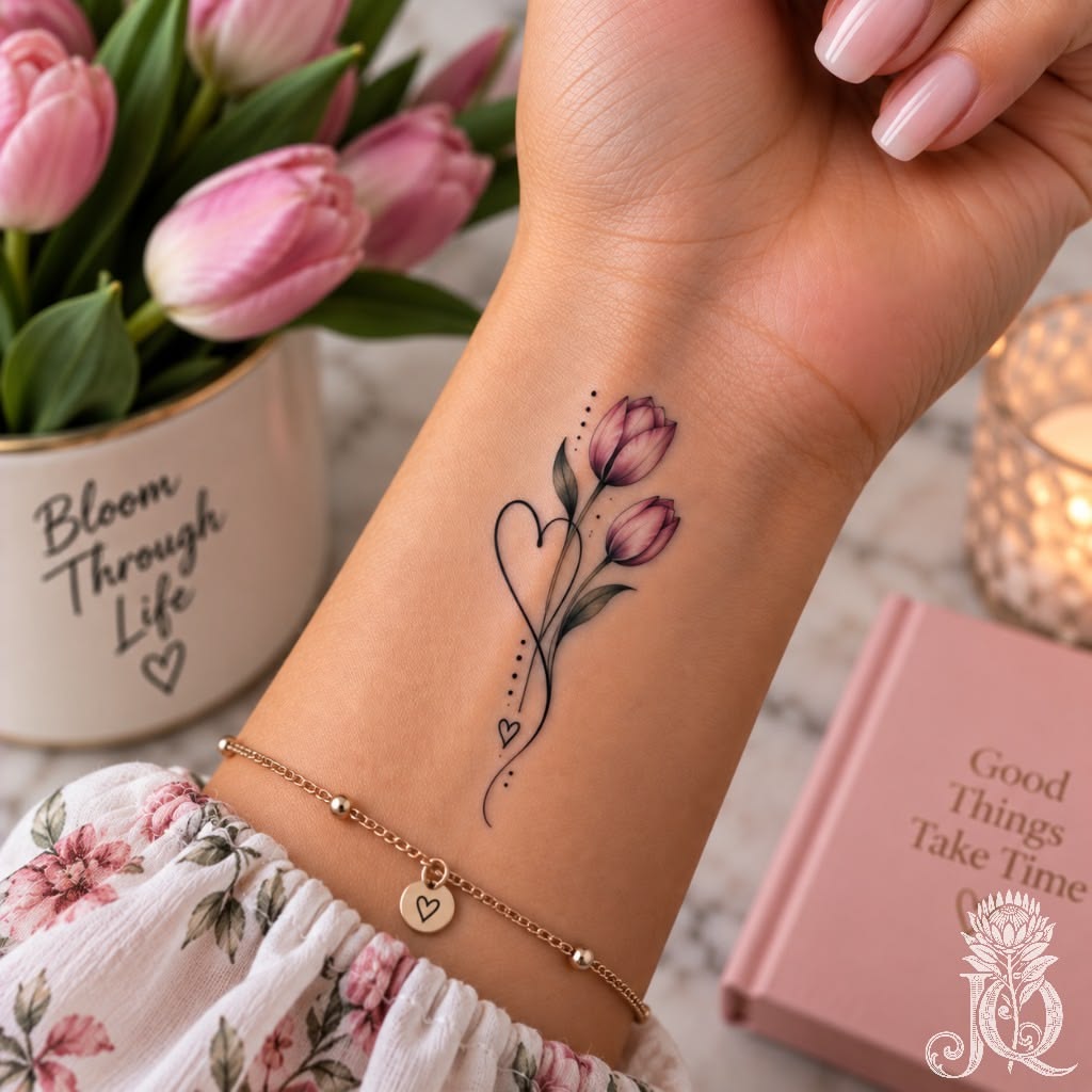 Wrist tattoo of two pink tulips with a heart outline and a small heart, next to a gold bracelet
