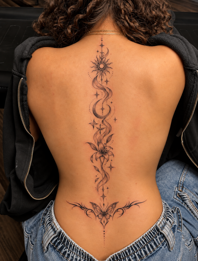 Women’s back tattoo with sun, crescent moon, lily and butterfly wings on curly-haired woman